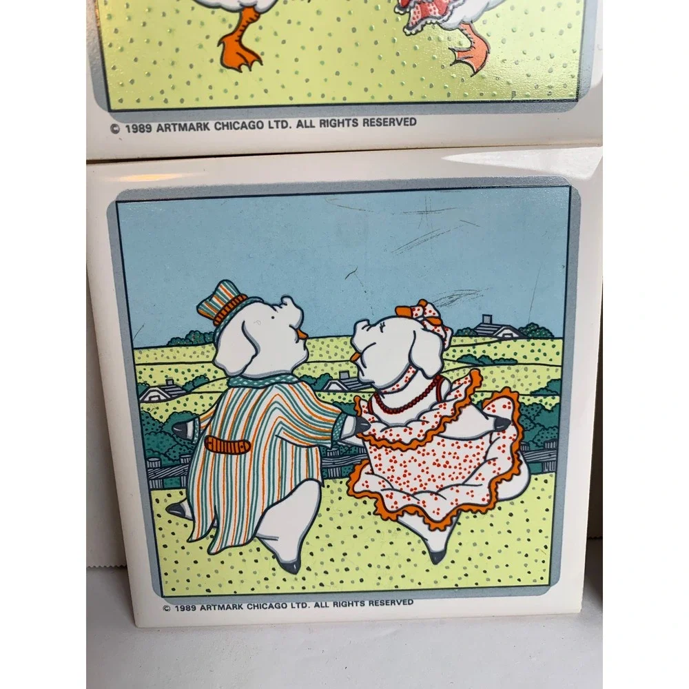 Vintage 1989 Artmark Chicago Dancing Farm Animal Ceramic Tiles Trivet Cottage